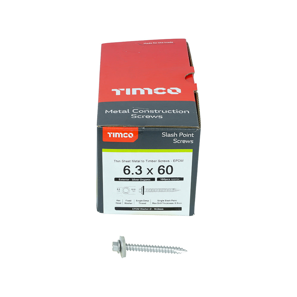 TIMCO Slash Point Sheet Metal to Timber Screws Exterior Silver with EPDM Washer - 6.3 x 60