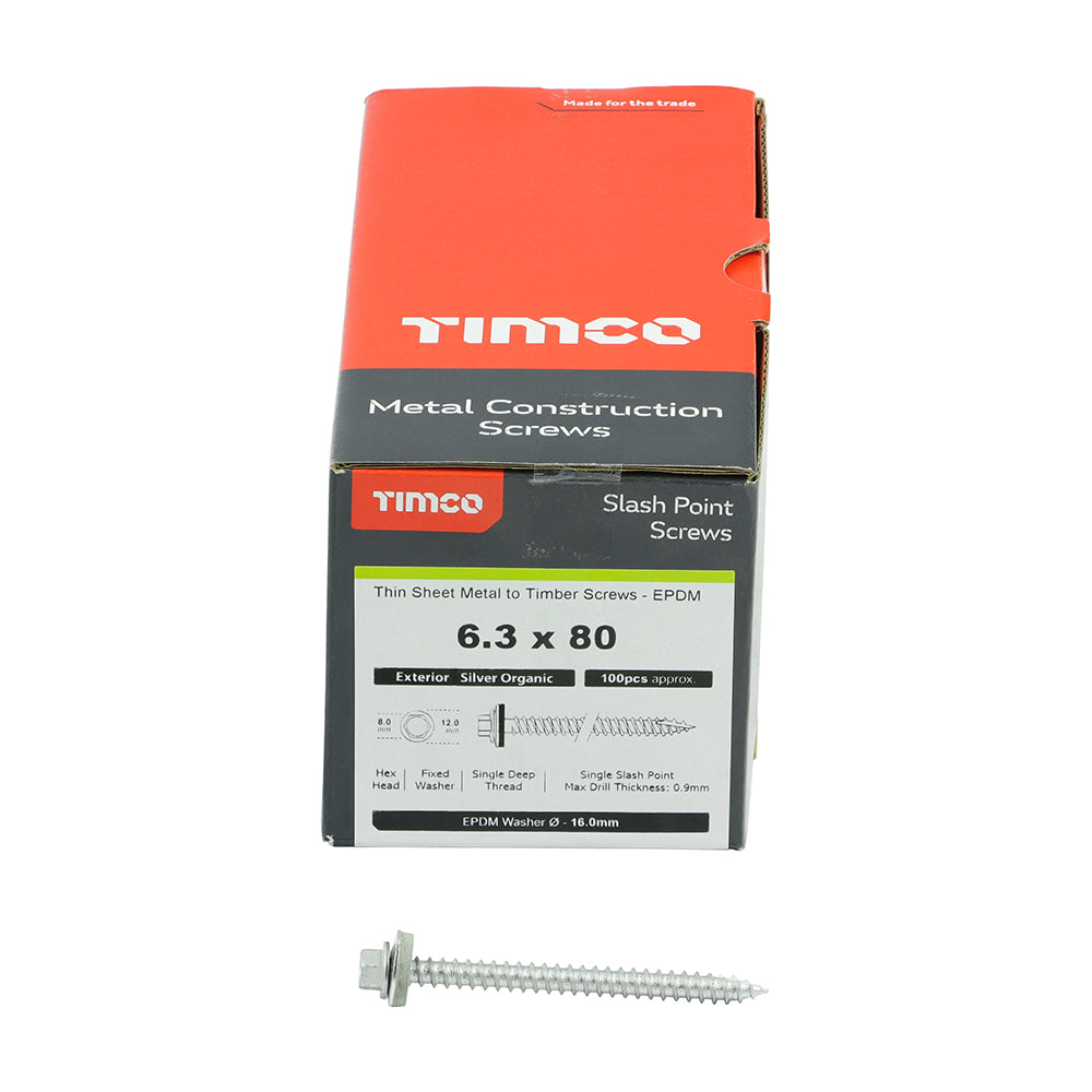 TIMCO Slash Point Sheet Metal to Timber Screws Exterior Silver with EPDM Washer - 6.3 x 80