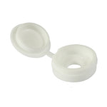 White hinged screw caps sized for 5.0–6.0 screws, providing a clean, decorative finish while keeping screws concealed.