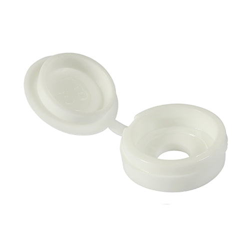 White hinged screw caps sized for 5.0–6.0 screws, providing a clean, decorative finish while keeping screws concealed.
