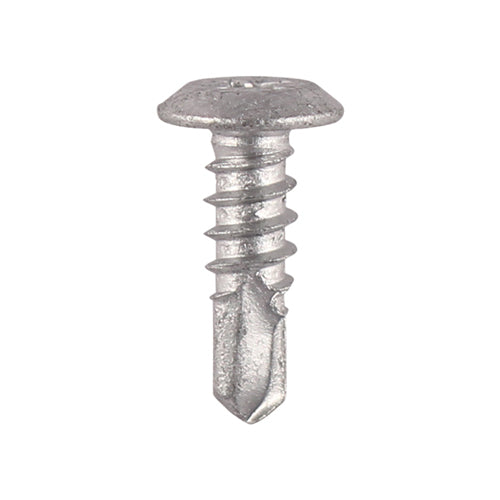 Silver low-profile self-drilling metal screws ideal for light-duty fixing with a smooth, corrosion-resistant finish.