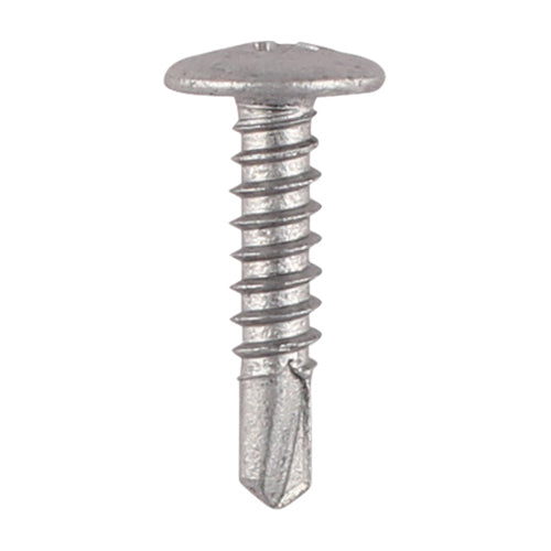 Silver low-profile self-drilling metal screws for light-duty framing and sheet fixing with durable corrosion-resistant coating.