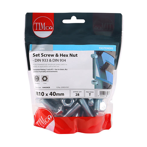 TIMCO Set Screws DIN933 Grade 8.8 & Hex Nut DIN934 Silver - M10 x 40