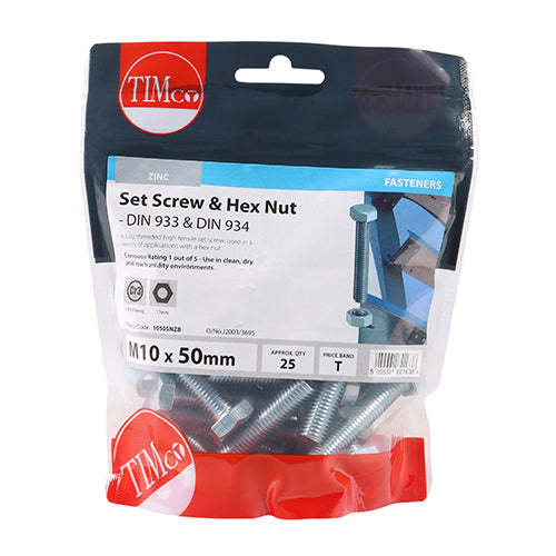 TIMCO Set Screws DIN933 Grade 8.8 & Hex Nut DIN934 Silver - M10 x 50