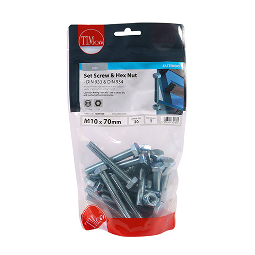 TIMCO Set Screws DIN933 Grade 8.8 & Hex Nut DIN934 Silver - M10 x 70