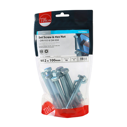 TIMCO Set Screws DIN933 Grade 8.8 & Hex Nut DIN934 Silver - M12 x 100