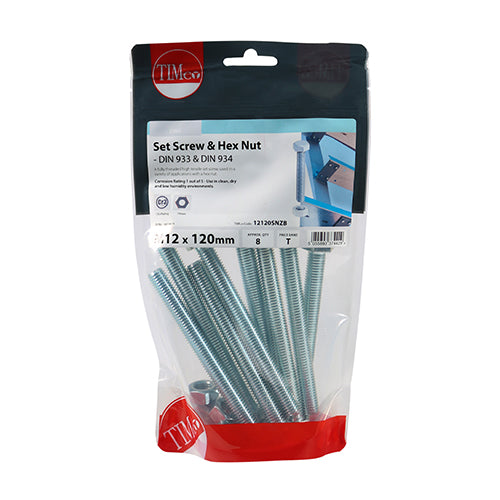 TIMCO Set Screws DIN933 Grade 8.8 & Hex Nut DIN934 Silver - M12 x 120