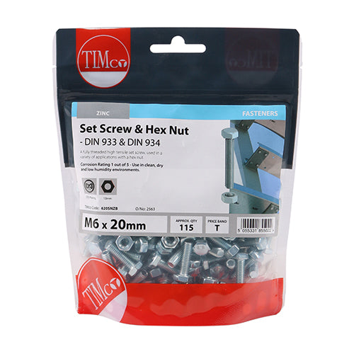 TIMCO Set Screws DIN933 Grade 8.8 & Hex Nut DIN934 Silver - M6 x 20