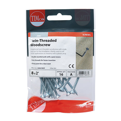TIMCO Twin-Threaded Countersunk Silver Woodscrews - 8 x 2