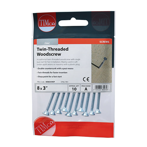 TIMCO Twin-Threaded Countersunk Silver Woodscrews - 8 x 3