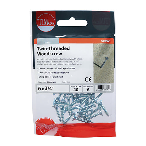 TIMCO Twin-Threaded Countersunk Silver Woodscrews - 6 x 3/4