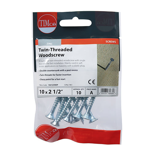 TIMCO 10 x 2½ Silver Twin-Threaded Countersunk Woodscrews for secure fixing in softwood and masonry with plugs.