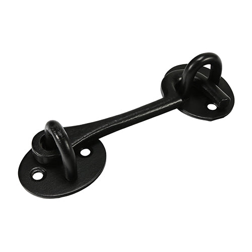 TIMCO Cabin Hook Black 4 inch made from durable cast iron, ideal for holding doors and gates open securely.