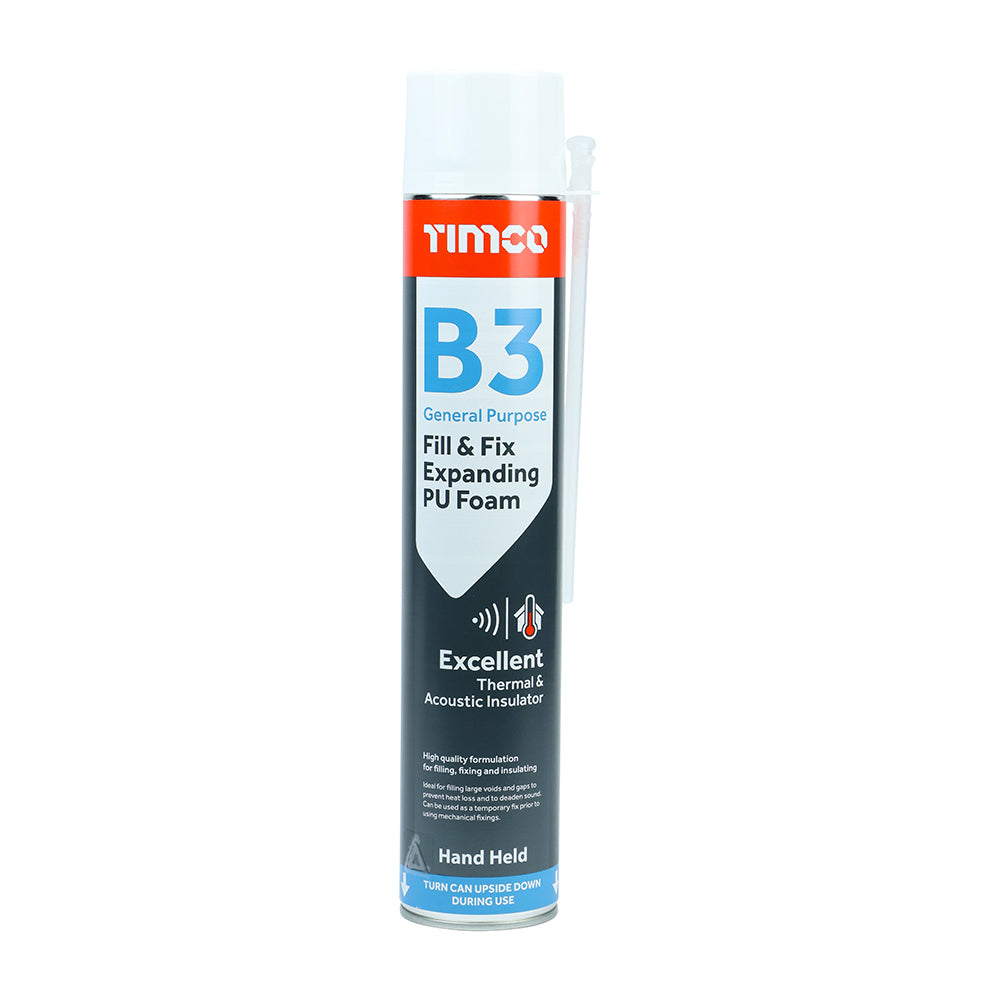TIMCO Fill & Fix Expanding PU Foam B3 Hand Held 750ml ideal for sealing and insulating gaps with excellent thermal and sound properties.