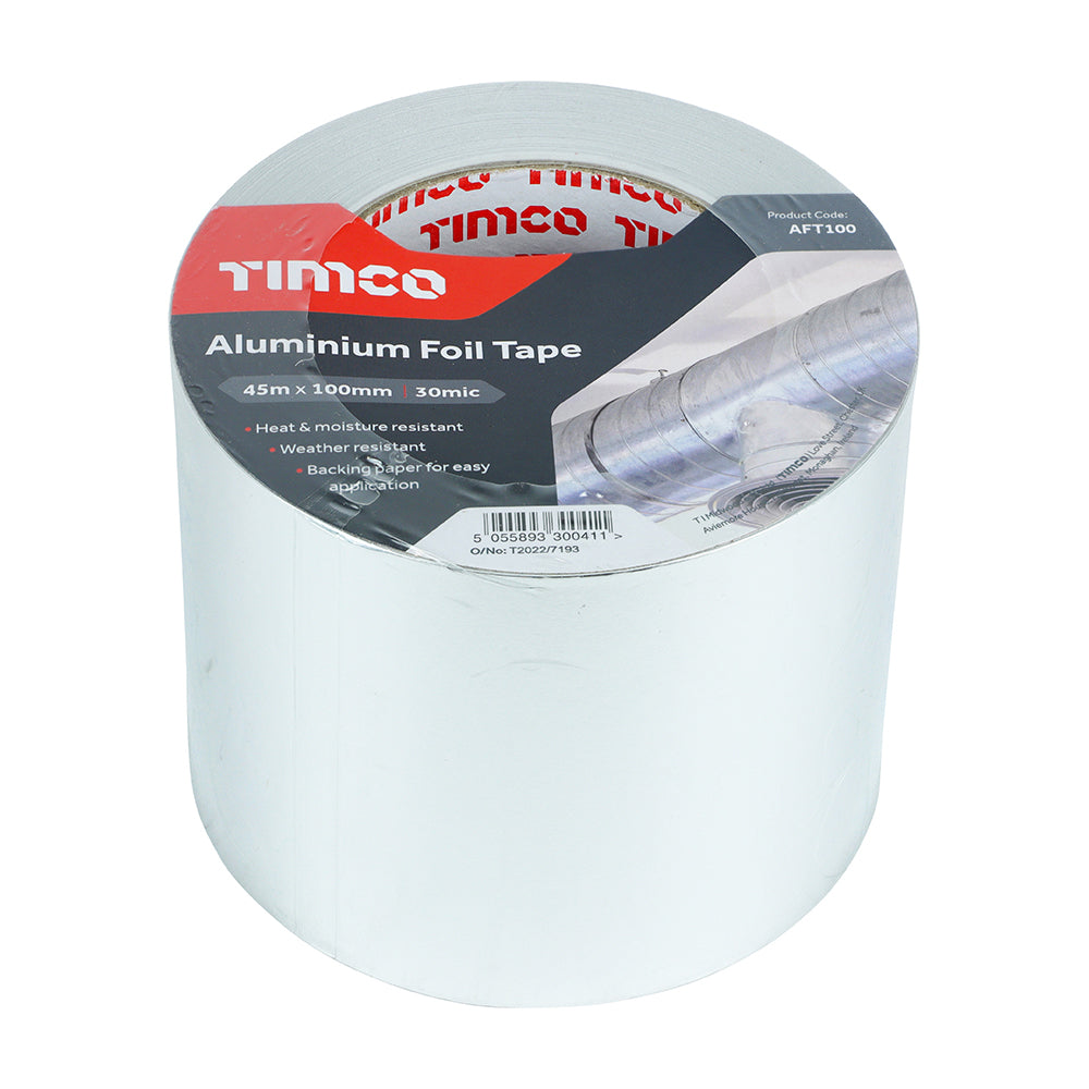 TIMCO Aluminium Foil Tape 45m x 100mm designed for sealing insulation, pipes, and ducts with durable heat and moisture resistance.