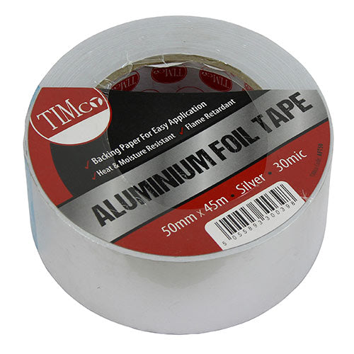 TIMCO Aluminium Foil Tape 45m x 50mm designed for sealing insulation, pipes, and ducts with durable heat and moisture resistance.